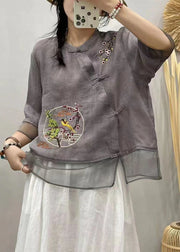 Grey Tulle Patchwork Cotton Shirt O Neck Bracelet Sleeve