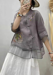 Grey Tulle Patchwork Cotton Shirt O Neck Bracelet Sleeve