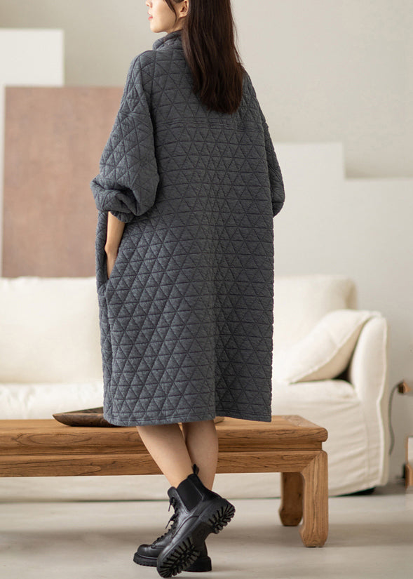 Grey Warm Cotton A Line Dress Stand Collar Oversized Spring