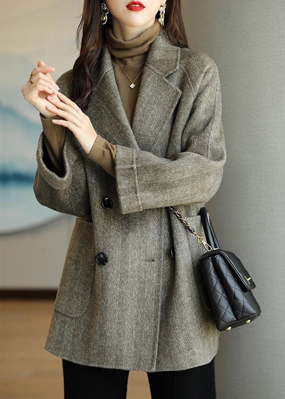 Grey Warm Woolen Coats Oversized Double Breast Fall