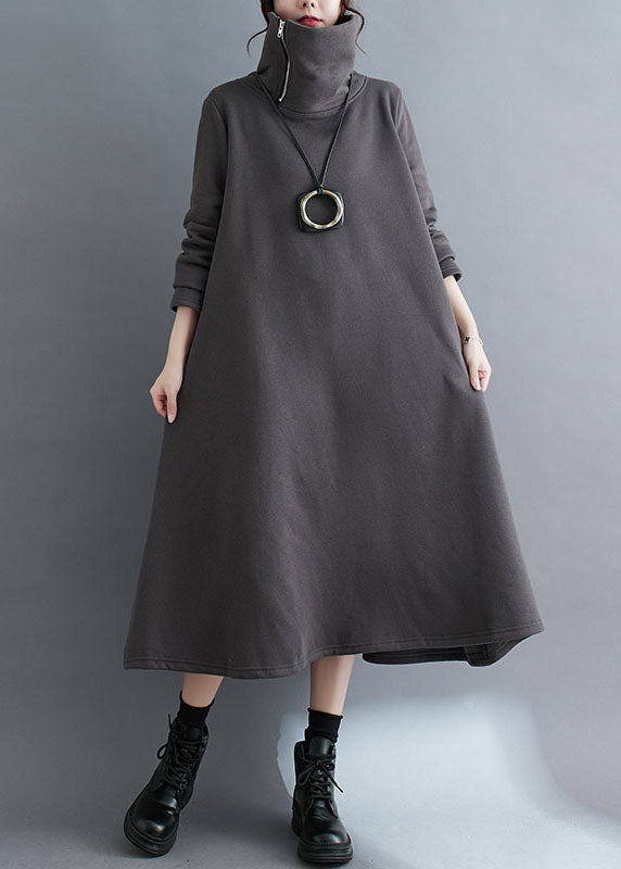 Grey Zippered Fleece Dress Maxi Sweatshirt Dress Winter