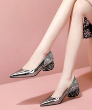 Gun Color Cowhide Leather Zircon Chunky Heels Splicing Pointed Toe