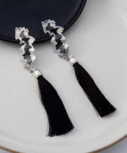 Handmad Black Sterling Silver Tassel Drop Earrings