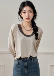 Handmade Apricot O-NecK Patchwork Fake Two Pieces T Shirt Fall