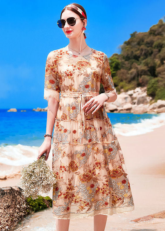 Handmade Apricot O-Neck Embroideried Ruffled Silk Cinch Dresses Short Sleeve