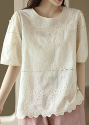 Handmade Apricot O Neck Hollow Out Embroideried Patchwork Cotton Top Summer