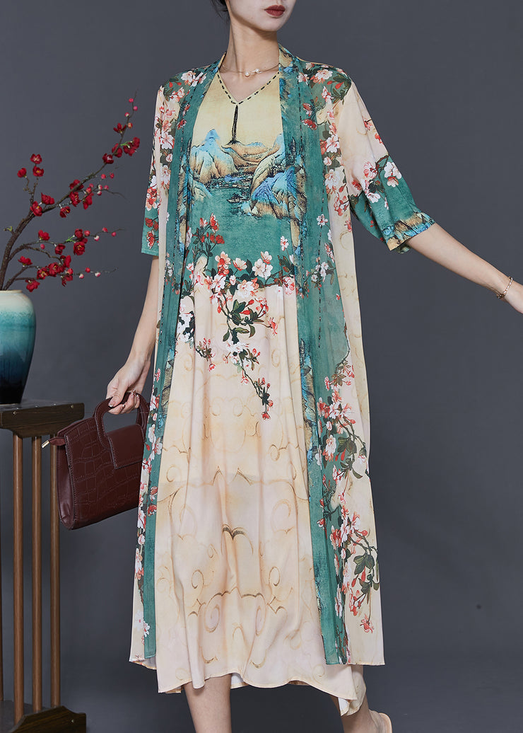 Handmade Apricot Print Chiffon Fake Two Piece Dresses Spring