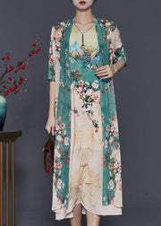 Handmade Apricot Print Chiffon Fake Two Piece Dresses Spring