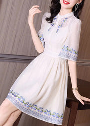 Handmade Apricot Stand Collar Embroideried Floral Slim Mid Dress Short Sleeve