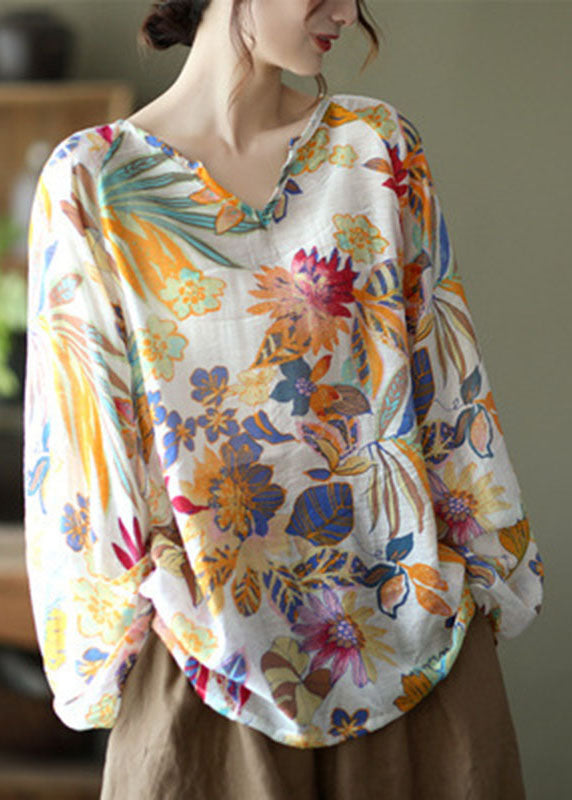 Handmade brown  V Neck Casual Floral Fall Blouse Long sleeve