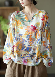 Handmade grey  V Neck Casual Floral Fall Blouse Long sleeve