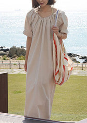 Handmade Apricot V Neck Cinched Patchwork Linen Maxi Dresses Summer