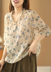 Handmade Apricot Wrinkled Ruffled Print Linen Shirt Tops Half Sleeve