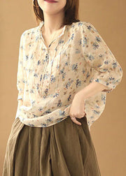 Handmade Apricot Wrinkled Ruffled Print Linen Shirt Tops Half Sleeve