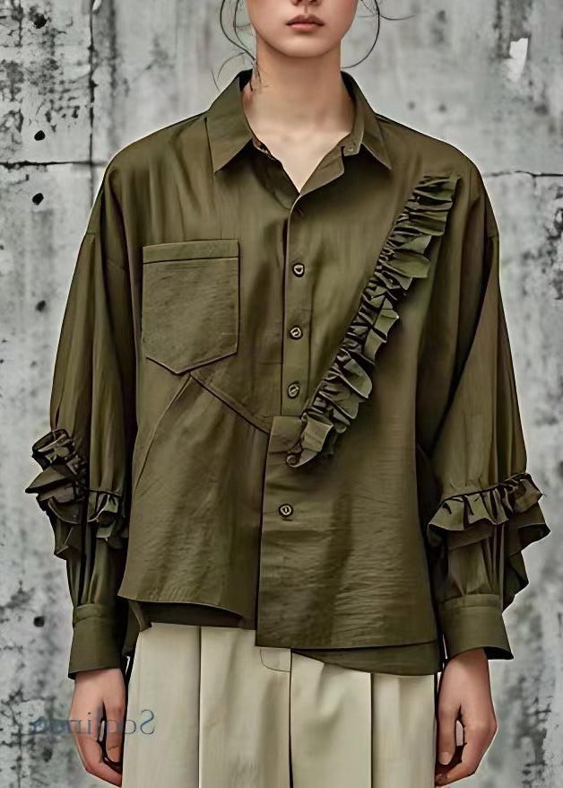 Handmade Army Green Peter Pan Collar Pockets Shirt Fall