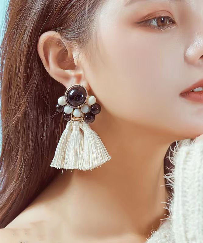 Handmade Beige Alloy Plastics Cotton Thread Tassel Drop Earrings