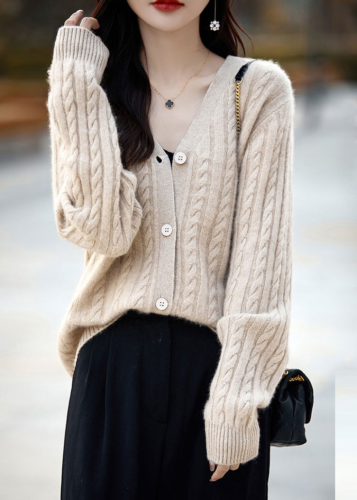 Handmade Beige Button Cable Wool Knit Saweaters Long Sleeve