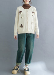 Handmade Beige Embroidered Knit Cardigan Winter