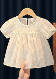 Handmade Beige Embroideried Ruffled Patchwork Girls Top Short Sleeve