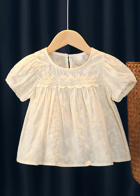 Handmade Beige Embroideried Ruffled Patchwork Girls Top Short Sleeve