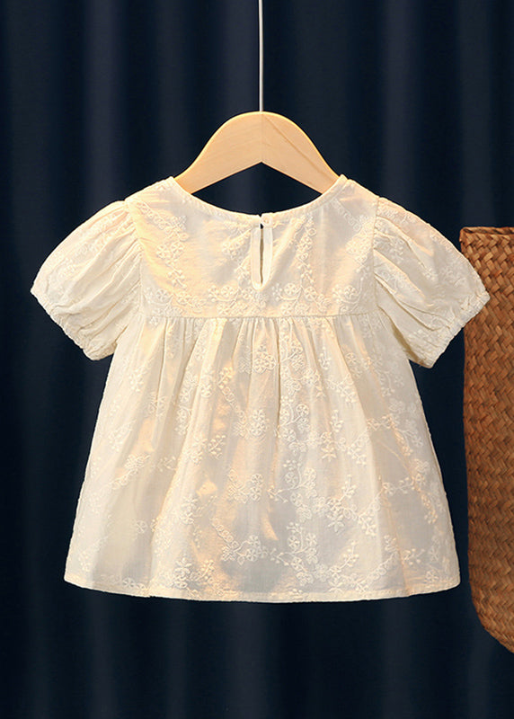 Handmade Beige Embroideried Ruffled Patchwork Girls Top Short Sleeve