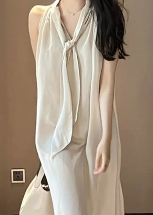 Handmade Beige Neck Tie Holiday Chiffon Maxi Dress Sleeveless