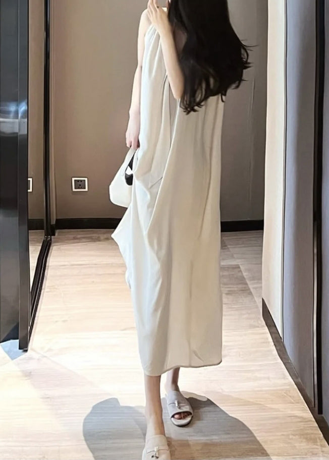 Handmade Beige Neck Tie Holiday Chiffon Maxi Dress Sleeveless