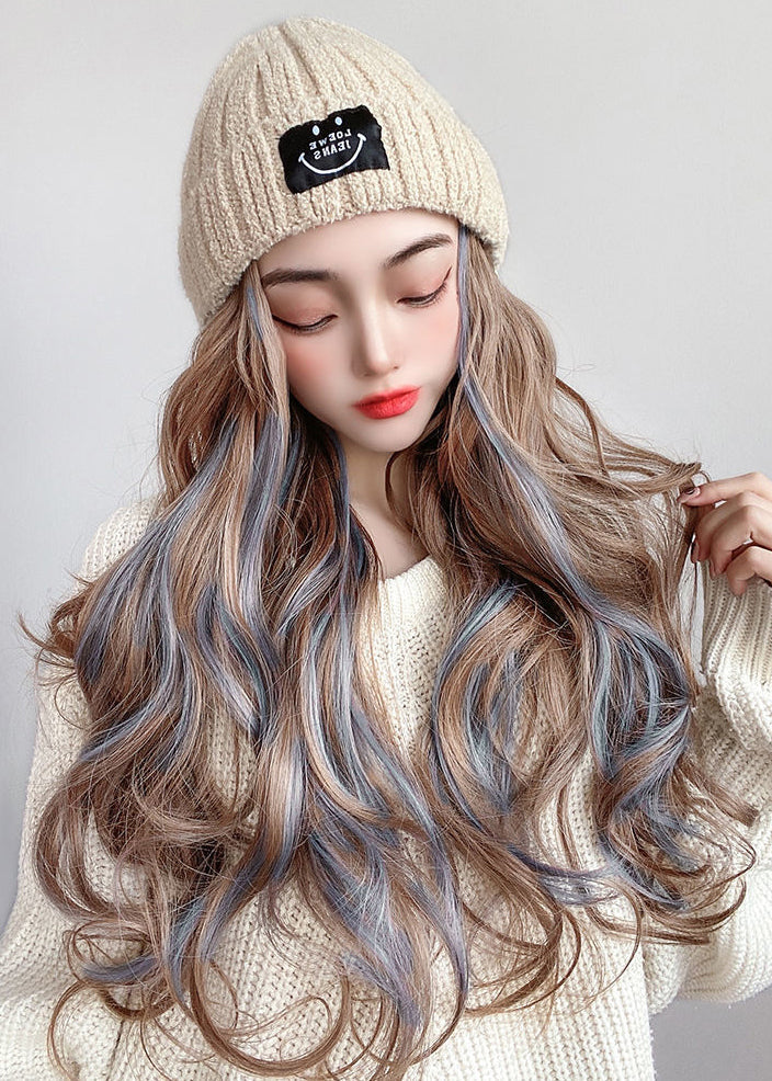 Handmade Beige Patchwork Gradient Color Long Curly Hair Knit Wig Hat