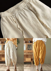 Handmade Beige Ruffled Patchwork Linen Crop Pants Summer