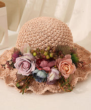 Handmade Beige Ruffled Straw Woven Floral Holiday Bucket Hat