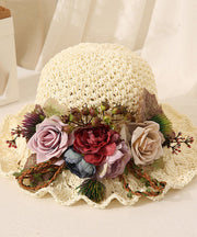 Handmade Beige Ruffled Straw Woven Floral Holiday Bucket Hat