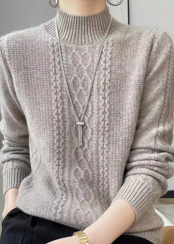 Handmade Beige Stand Collar Thick Cashmere Knitted Tops Fall