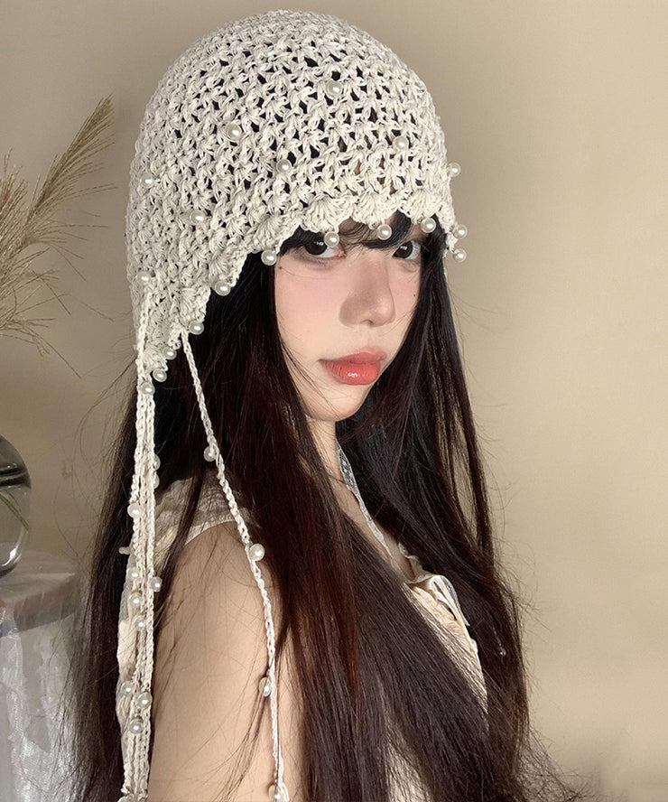 Handmade Beige Tassel Bead Hollow Out Knit Bonnie Hat