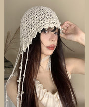 Handmade Beige Tassel Bead Hollow Out Knit Bonnie Hat