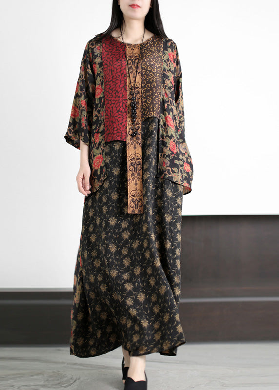 Handmade Black Asymmetrical Print Patchwork Silk Maxi Dresses Summer