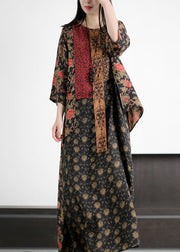 Handmade Black Asymmetrical Print Patchwork Silk Maxi Dresses Summer