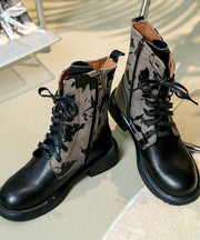 Handmade Black Cowhide Leather Boots Lace Up Embossed Boots