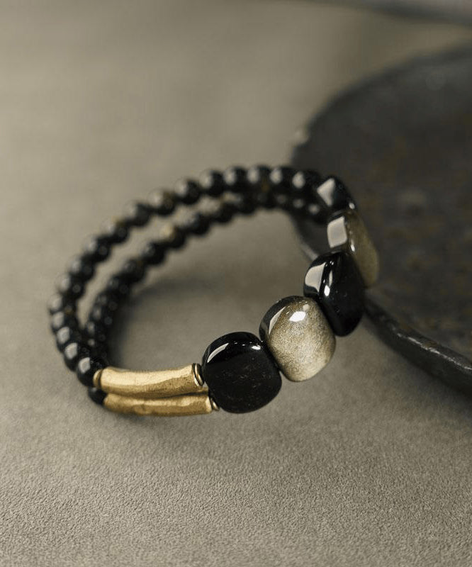 Handmade Black Crystal Gem Stone Having Two Layers Bracelet