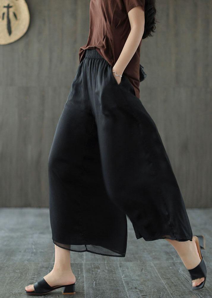 Handmade Black Elastic Waist Retro Wide Leg Crop Pants - bagstylebliss