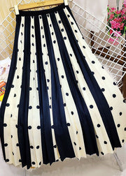 Handmade Black Elastic Waist Striped Silk Pleated Skirt Spring