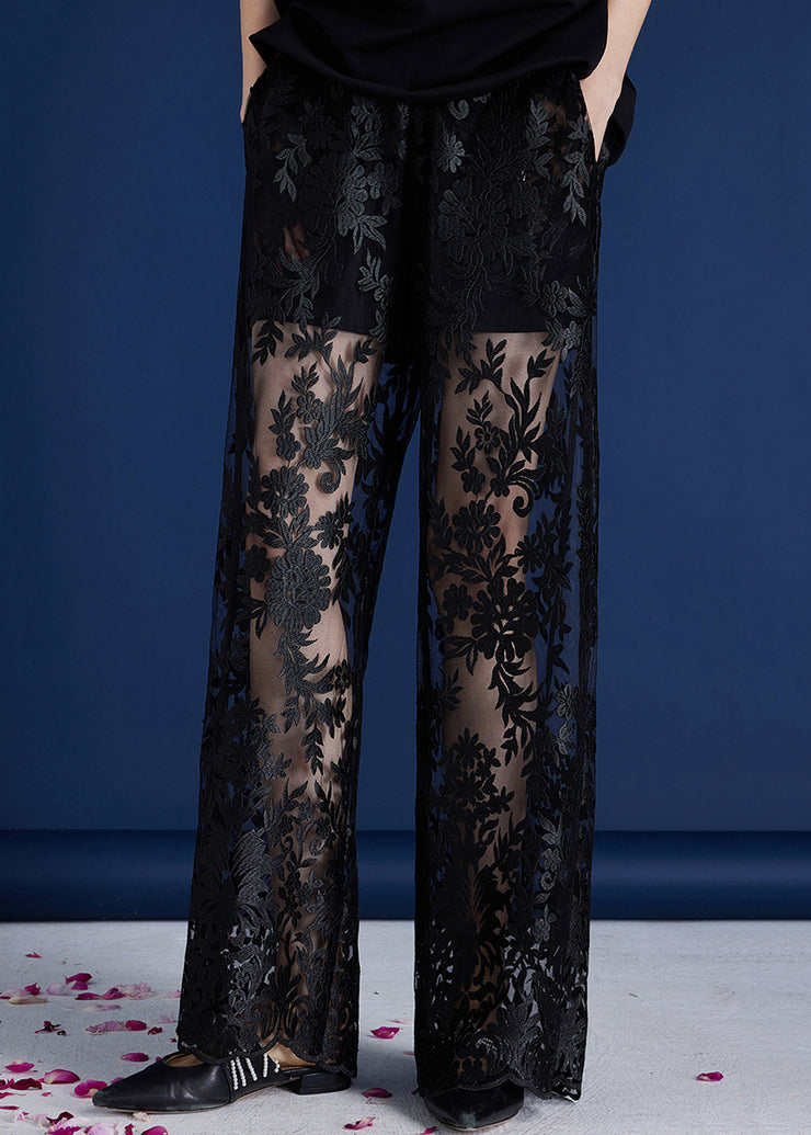 Handmade Black Embroidered Elastic Waist Lace Pants Summer