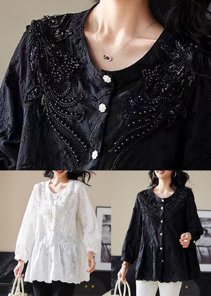 Handmade Black Embroidered Nail Bead Shirts Fall