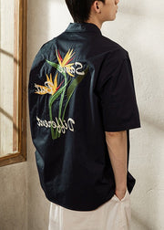 Handmade Black Embroideried Button Cotton Men Shirt Summer