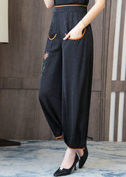 Handmade Black Embroidered Floral Silk Lantern Pants