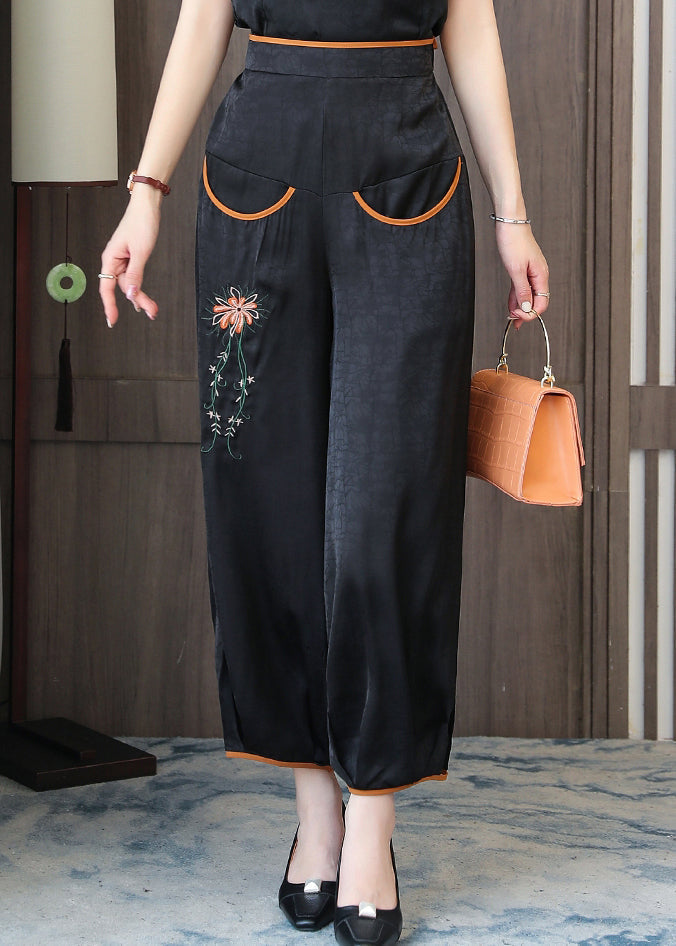 Handmade Black Embroidered Floral Silk Lantern Pants