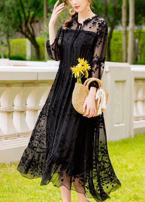 Handmade Black Embroideried Hollow Out Silk Dress Summer