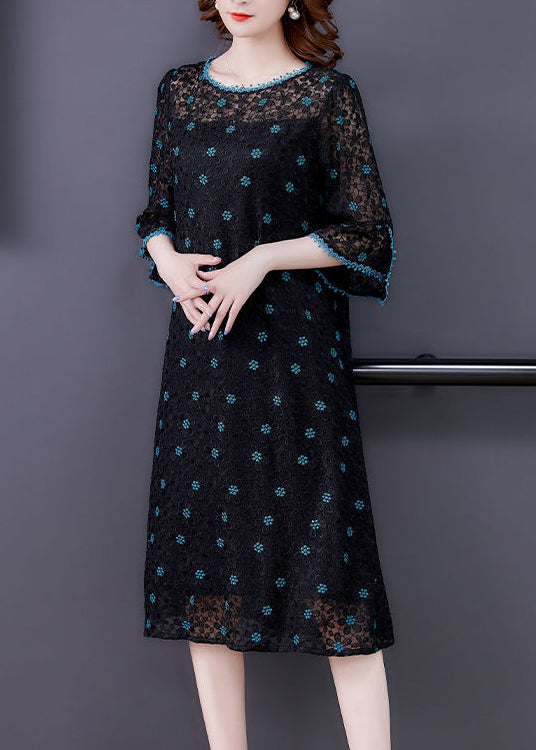 Handmade Black Embroideried Hollow Out Silk Maxi Dresses Flare Sleeve