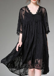 Handmade Black Embroideried Patchwork Tulle Two-Piece Set Dress Summer