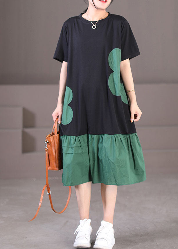 Handmade Black Green O-Neck Wrinkled Cotton Long Dresses Short Sleeve