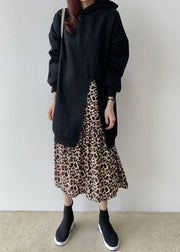 Handmade Black Hooded Patchwork Leopard False Two Pieces Cotton Dress Spring